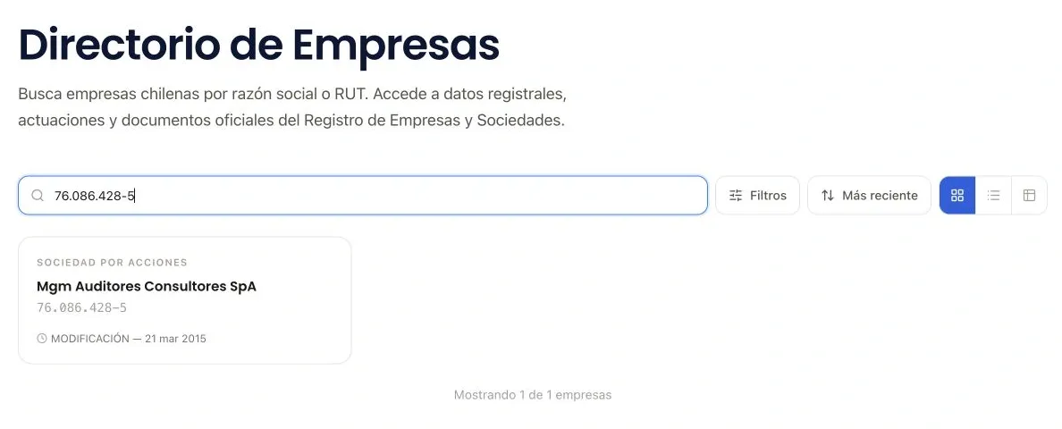 Búsqueda por RUT en el directorio de Iberocenter con una empresa encontrada.